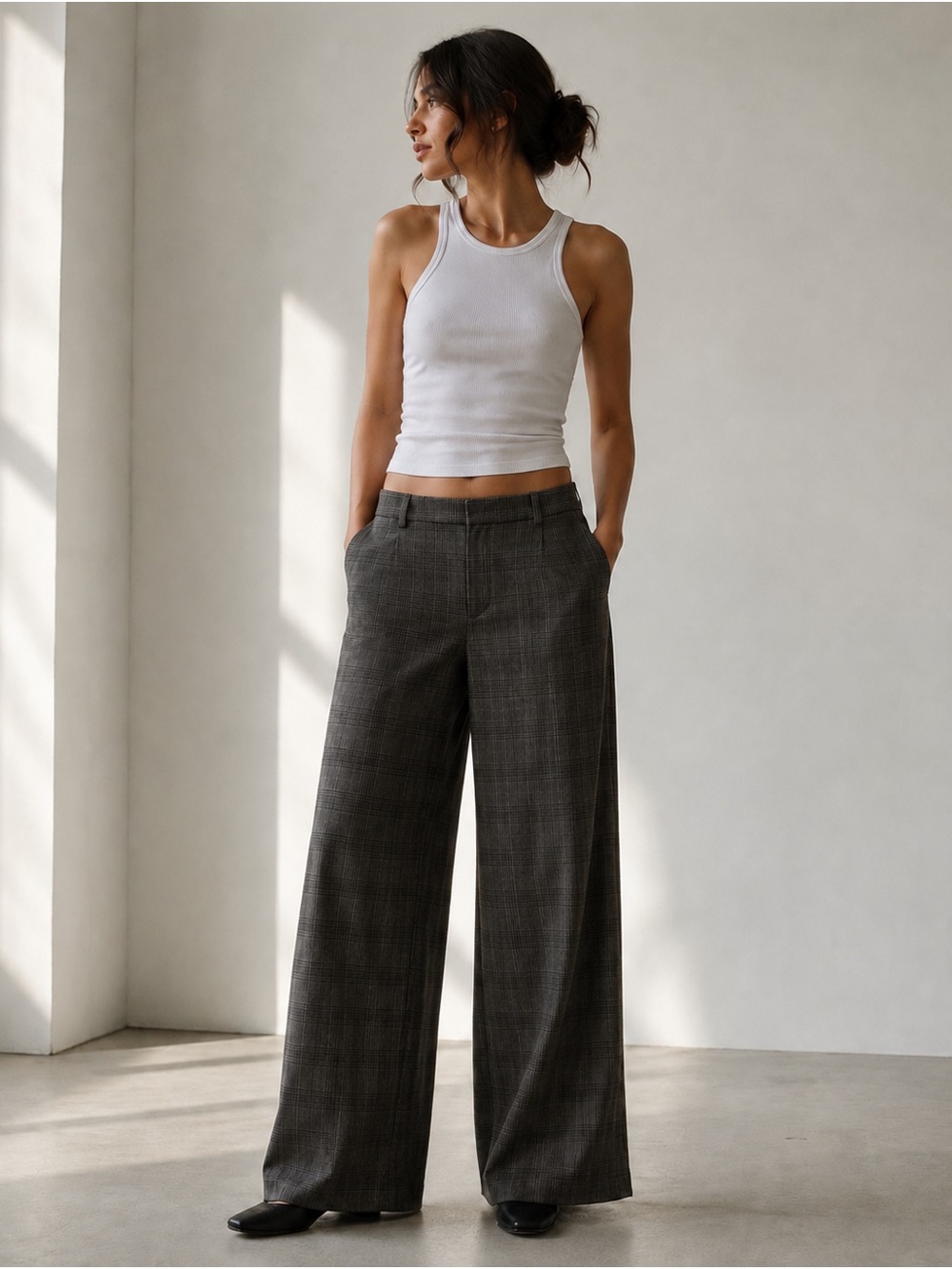 & Other Stories Plaid Wool Blend Wide Leg Pants Size 12 Gray High Rise Trouser